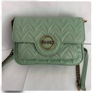 Pinko Mint Green Quilted Crossbody Bag with Gold Logo